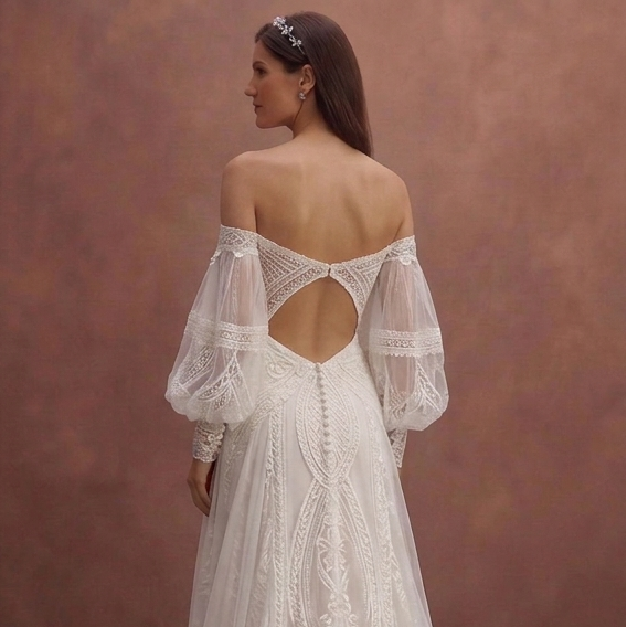 White Boho Wedding Dress with Off Shoulder Romantic Sleeves