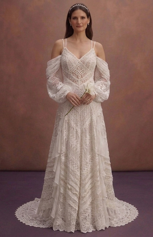 White Boho Wedding Dress with Off Shoulder Sleeves