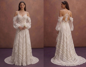 White Boho Wedding Dress with Off Shoulder Sleeves