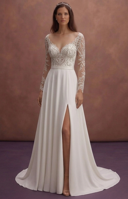 White Bridal Dress with Open Back and Satin Bow Detail