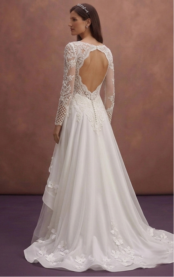 White Bridal Gown with Open Back and Chapel Train
