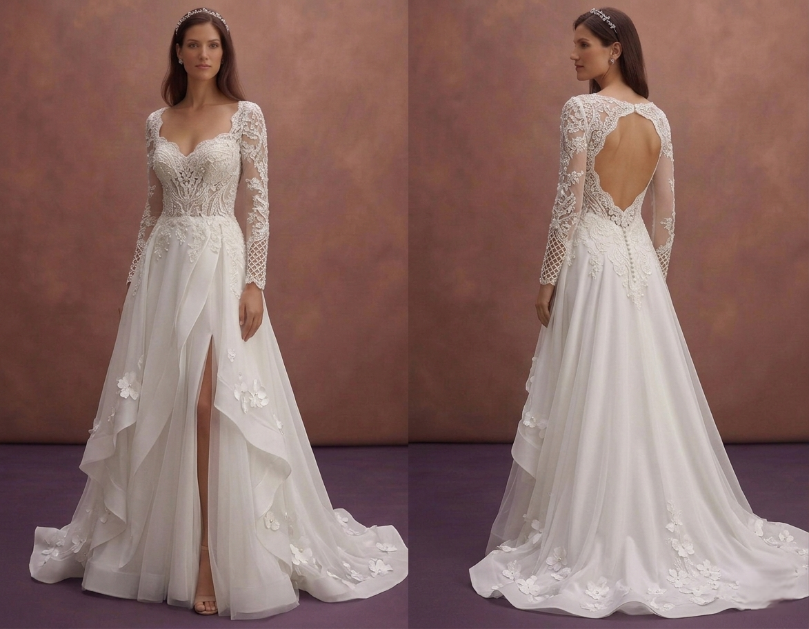 White Bridal Gown with Open Back and Chapel Train