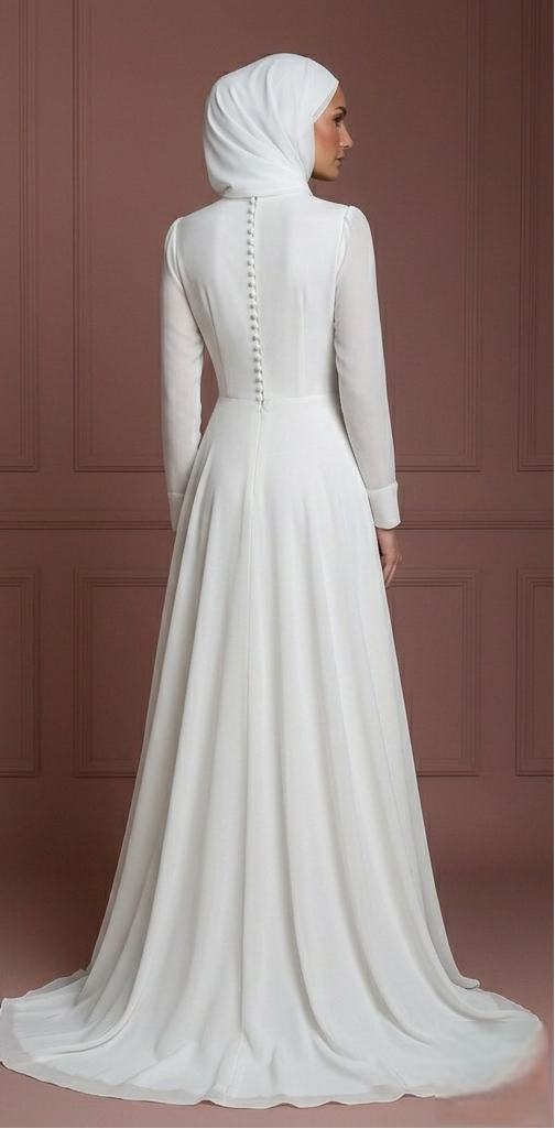 White Chiffon Long Sleeve Wedding Dress – Modest Hijab Collection Muslim