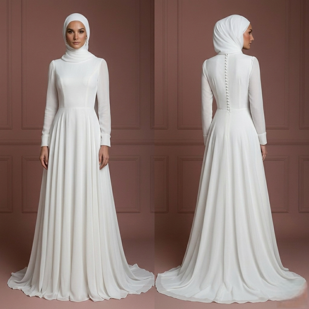White Chiffon Long Sleeve Wedding Dress – Modest Hijab Collection Muslim