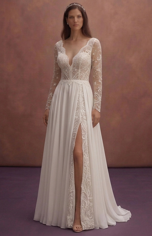 White Chiffon Wedding Dress with Bohemian Lace Sleeves