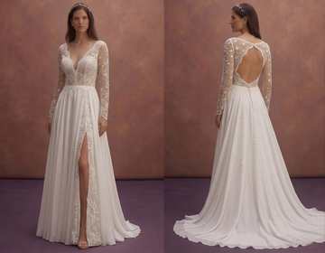 White Chiffon Wedding Dress with Bohemian Lace Sleeves