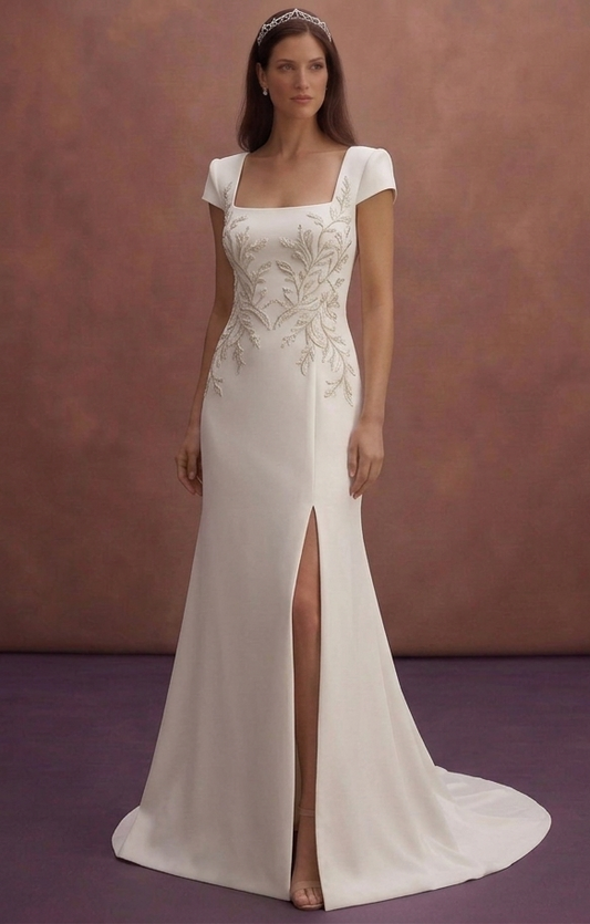White Crepe Sheath Wedding Dress with Square Neckline