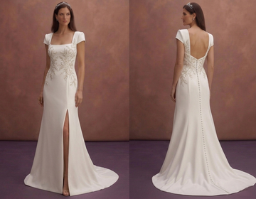 White Crepe Sheath Wedding Dress with Square Neckline