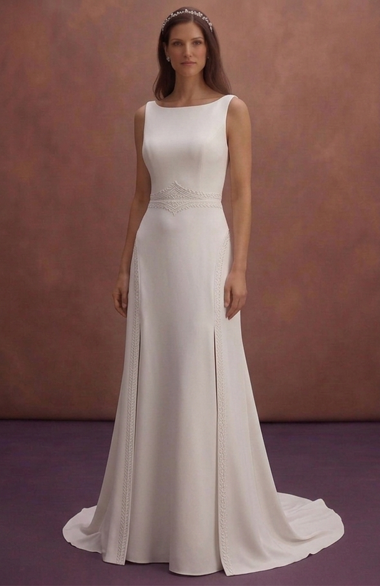 White Crepe Wedding Dress with Modern Minimal Cut