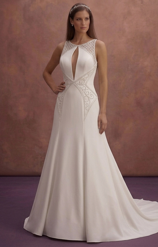 White Crepe Wedding Dress with Sleek Court Style