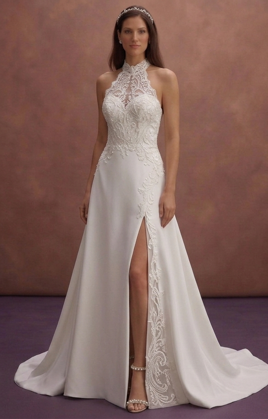 White Halter Neck Wedding Dress with Open Back Detail
