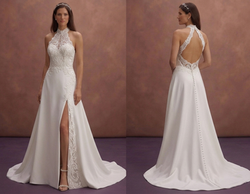 White Halter Neck Wedding Dress with Open Back Detail