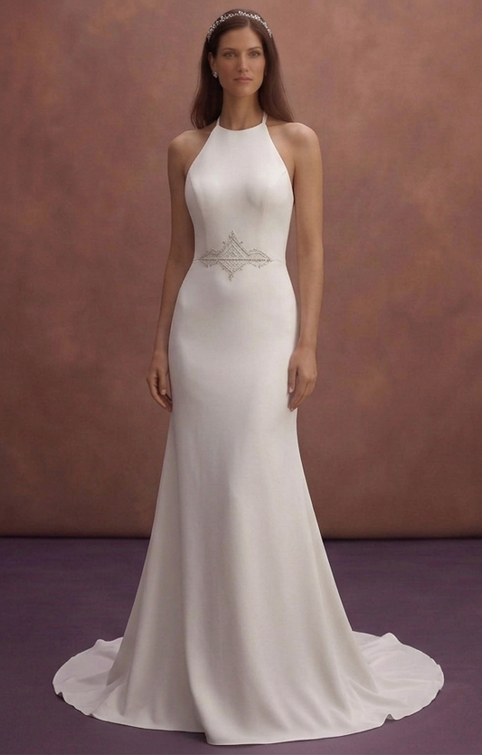 White Halter Wedding Dress with Sleek Minimal Design
