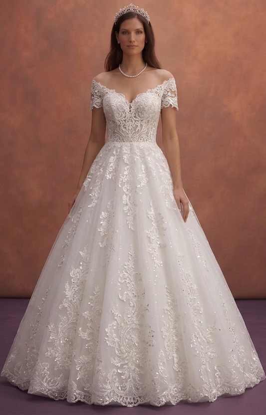 White Lace Ball Gown Wedding Dress with Sparkle Details