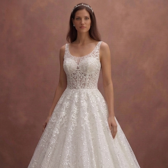 White Lace Ball Gown Wedding Dress with Sparkle Finish