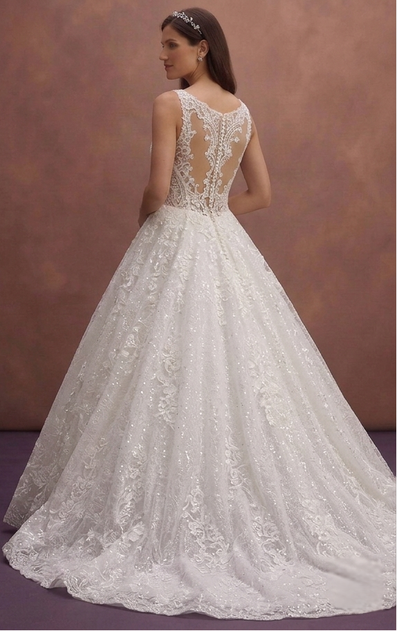 White Lace Ball Gown Wedding Dress with Sparkle Finish