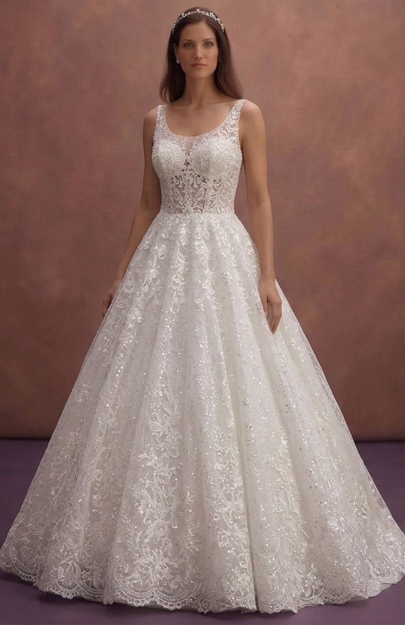 White Lace Ball Gown Wedding Dress with Sparkle Finish