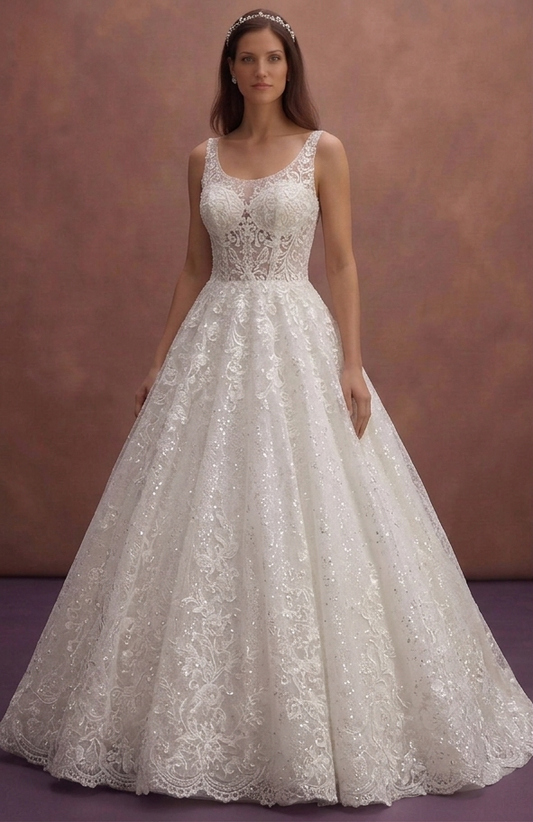 White Lace Ball Gown Wedding Dress with Sparkle Finish