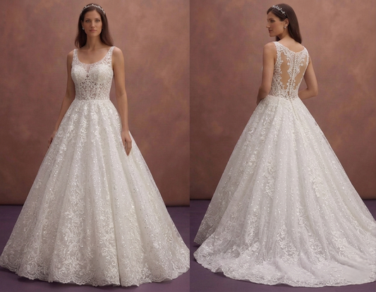 White Lace Ball Gown Wedding Dress with Sparkle Finish