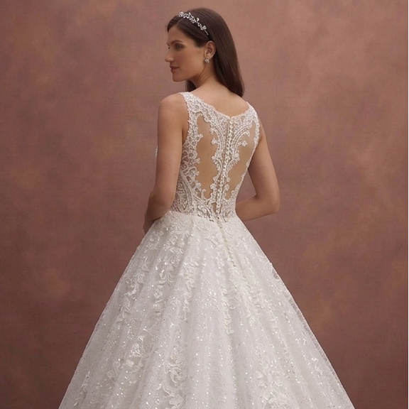 White Lace Ball Gown Wedding Dress with Sparkle Finish