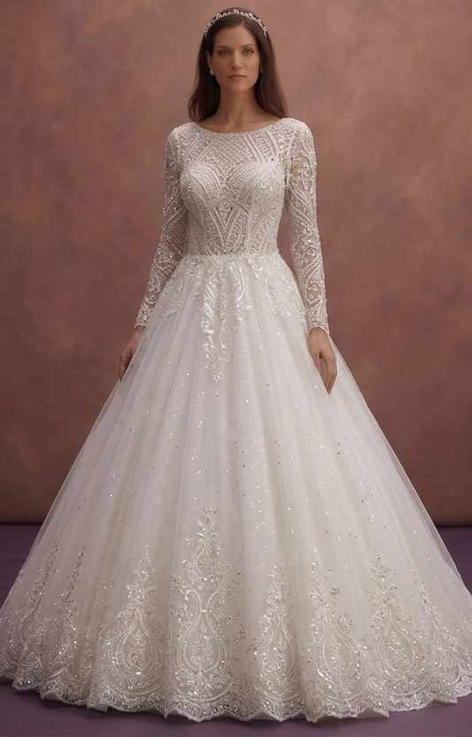 White Lace Ball Gown Wedding Dress with Sparkling Details
