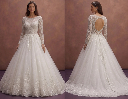 White Lace Ball Gown Wedding Dress with Sparkling Details