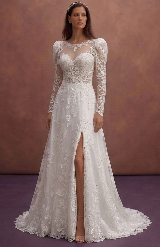 White Lace Bridal Dress with Soft Puff Sleeves