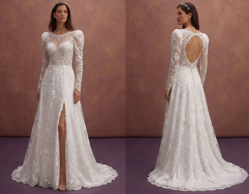 White Lace Bridal Dress with Soft Puff Sleeves