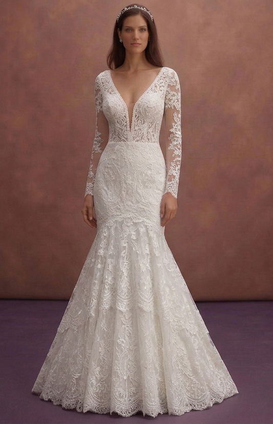 White Lace Mermaid Wedding Dress with Deep V Elegant Neckline