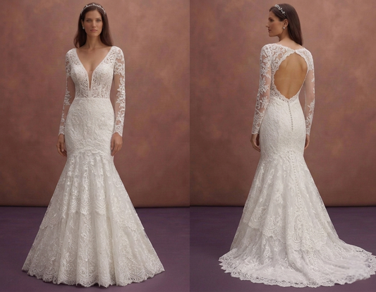 White Lace Mermaid Wedding Dress with Deep V Elegant Neckline
