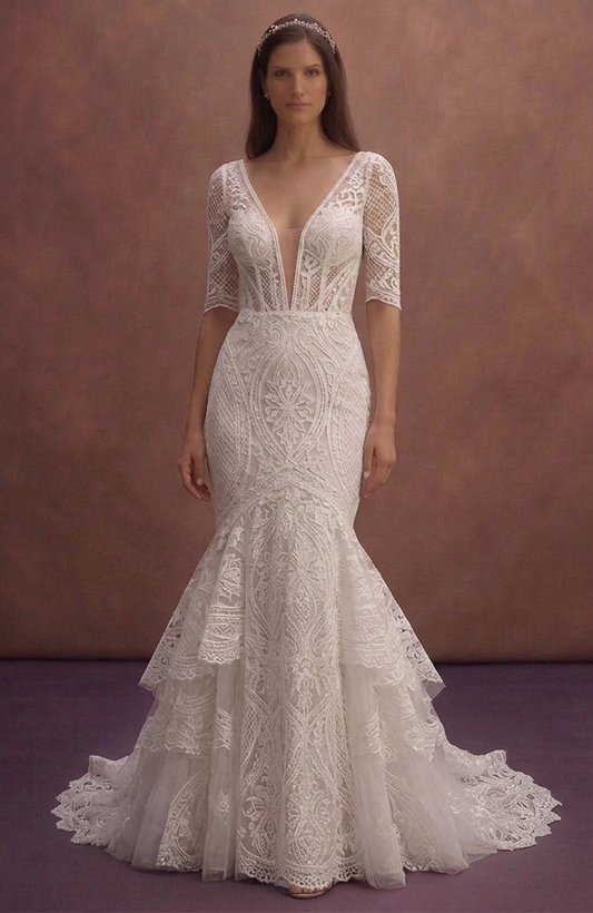 White Lace Mermaid Wedding Dress with Deep V Neck