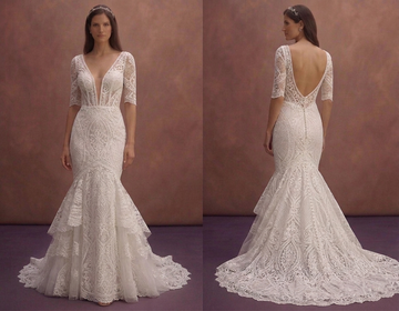 White Lace Mermaid Wedding Dress with Deep V Neck