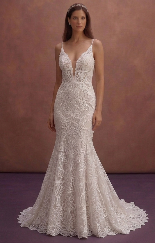 White Lace Mermaid Wedding Dress with Deep V Neckline