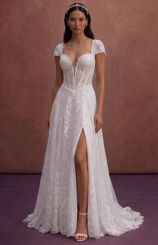 White Lace Wedding Dress with Corset Bodice