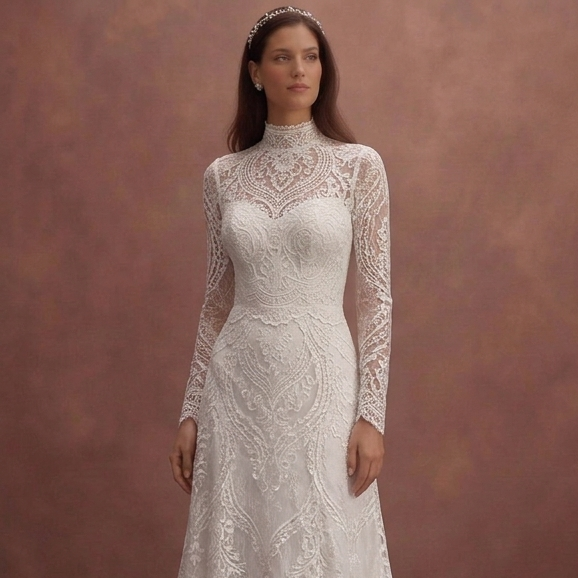 White Lace Wedding Dress with Elegant High Neck Design