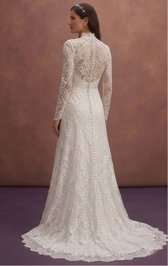 White Lace Wedding Dress with Elegant High Neck Design