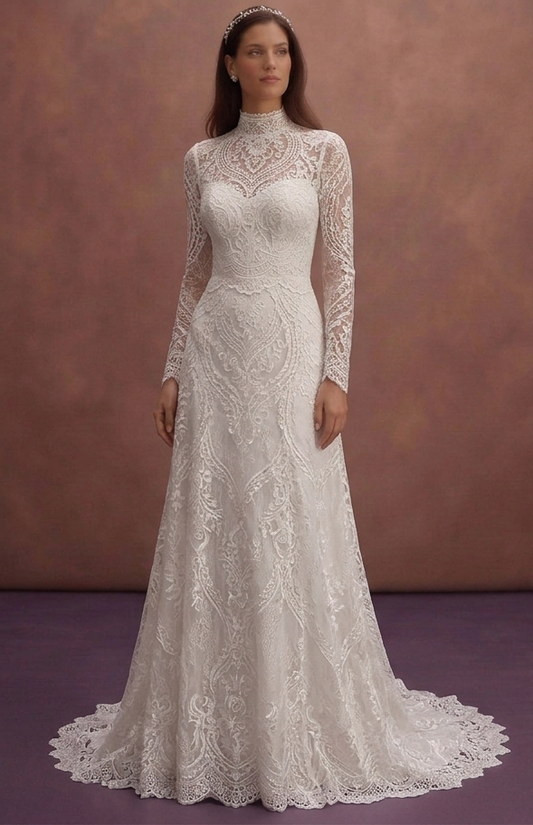 White Lace Wedding Dress with Elegant High Neck Design
