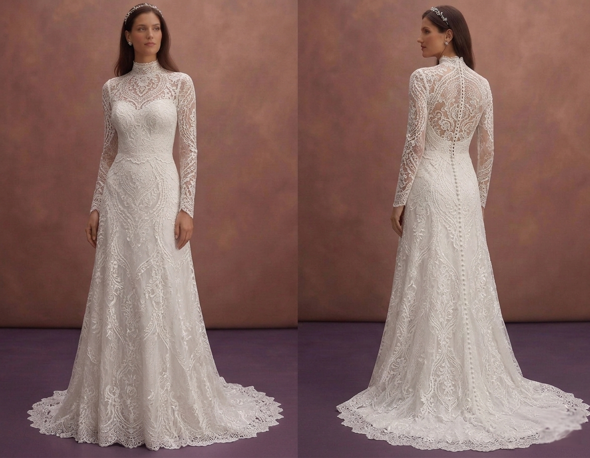White Lace Wedding Dress with Elegant High Neck Design