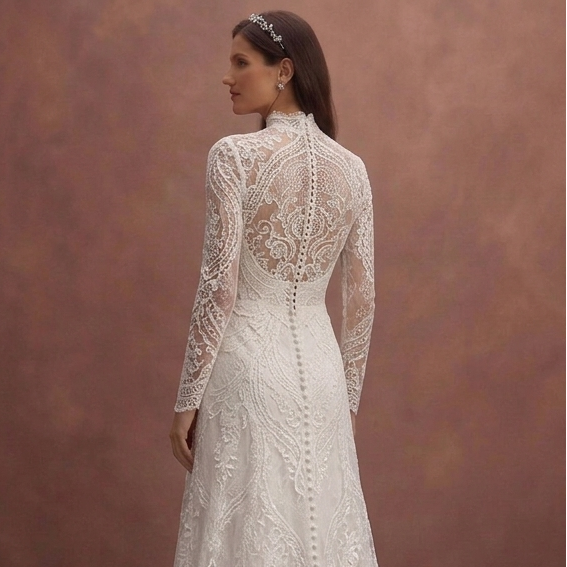 White Lace Wedding Dress with Elegant High Neck Design