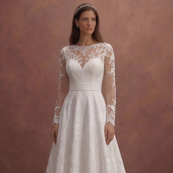 White Lace Wedding Dress with Elegant Long Sleeves