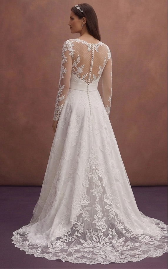 White Lace Wedding Dress with Elegant Long Sleeves