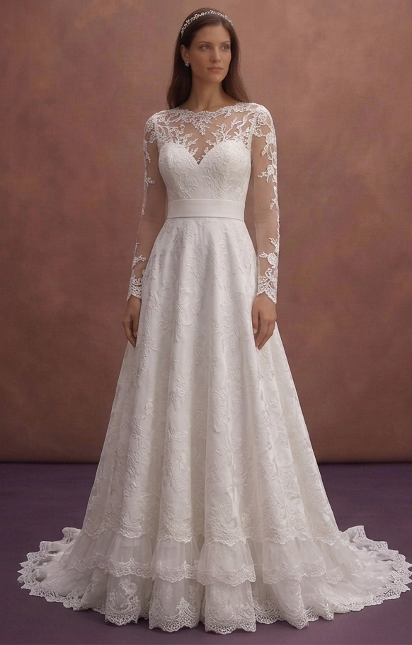 White Lace Wedding Dress with Elegant Long Sleeves