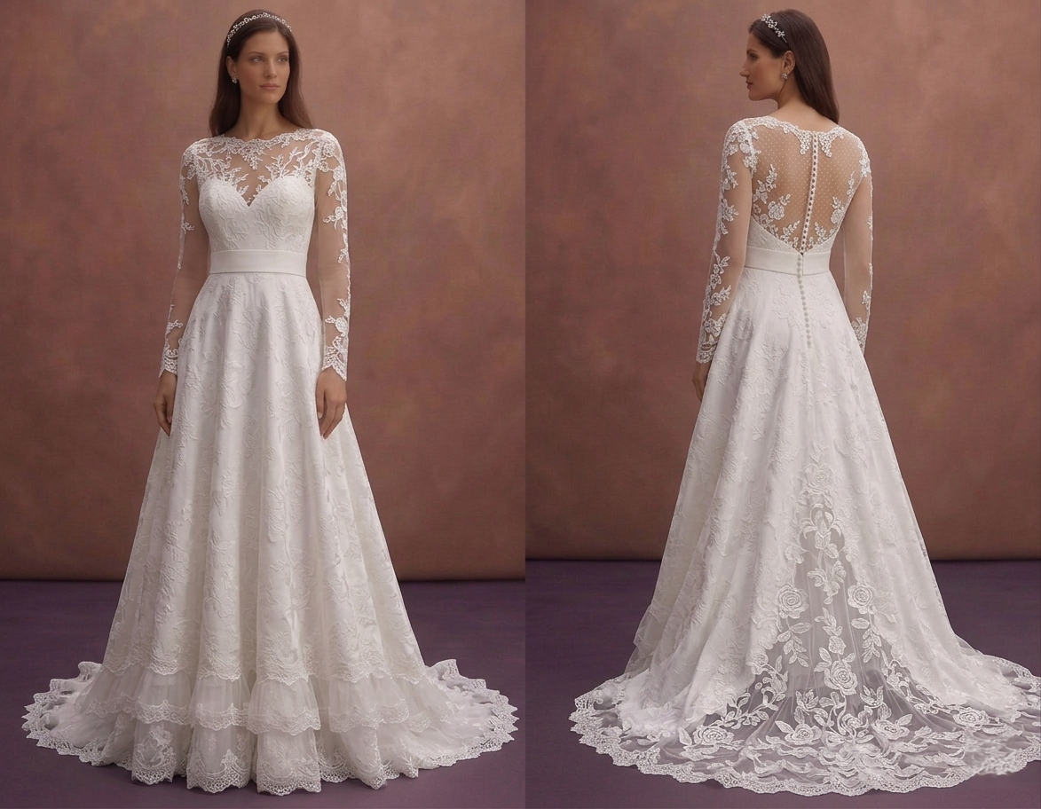 White Lace Wedding Dress with Elegant Long Sleeves