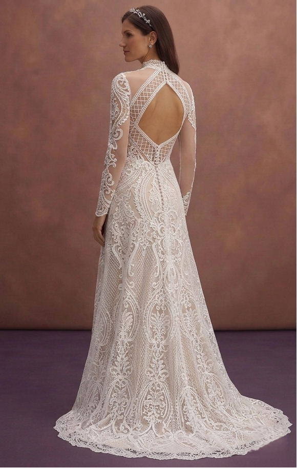 White Lace Wedding Dress with Illusion High Neck