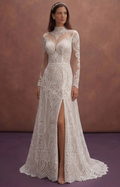 White Lace Wedding Dress with Illusion High Neck