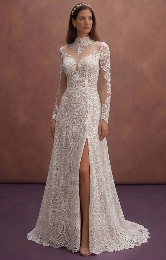 White Lace Wedding Dress with Illusion High Neck