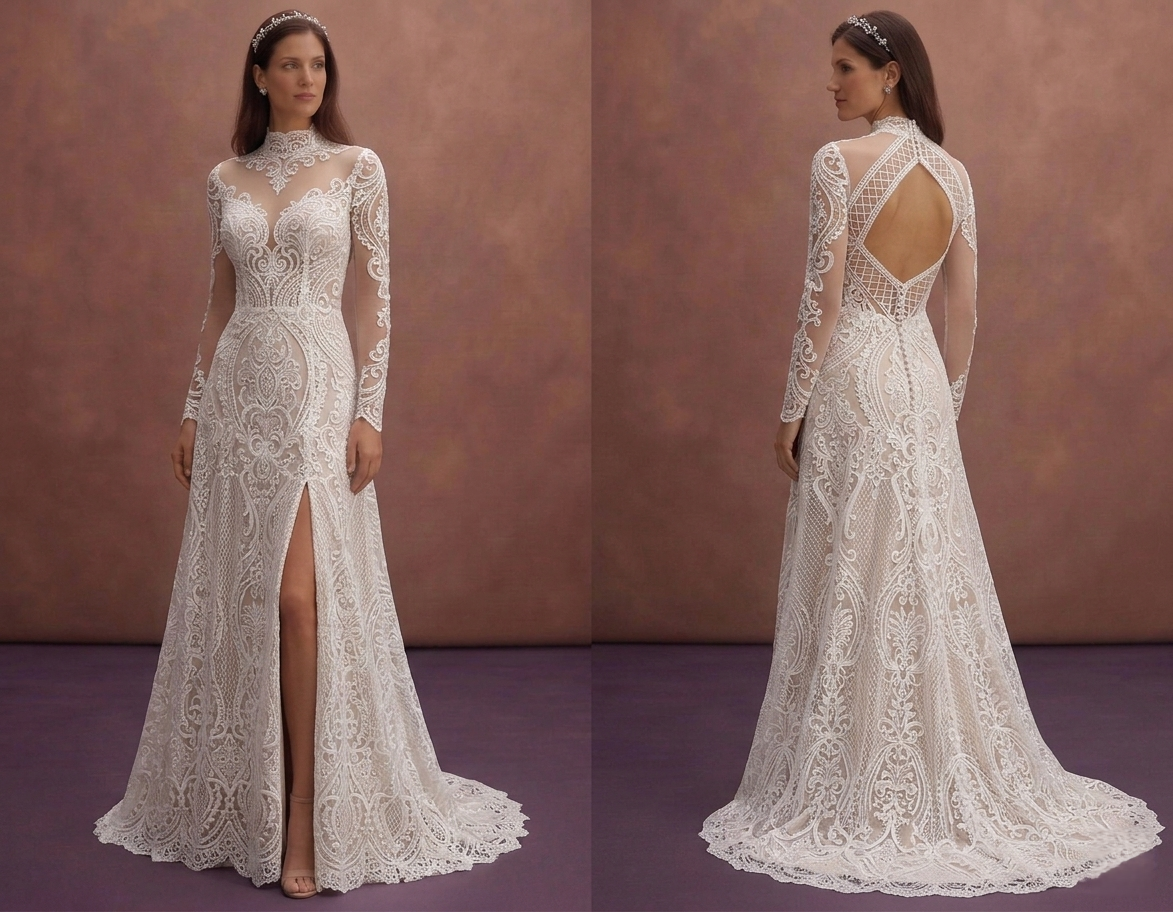 White Lace Wedding Dress with Illusion High Neck