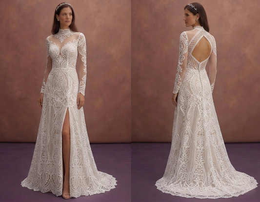 White Lace Wedding Dress with Illusion High Neck