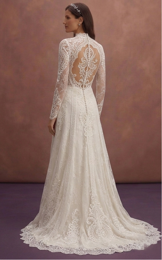 White Lace Wedding Dress with Long Sleeve Classic Design