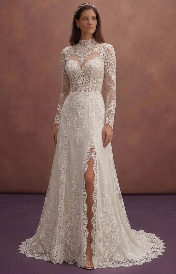 White Lace Wedding Dress with Long Sleeve Classic Design